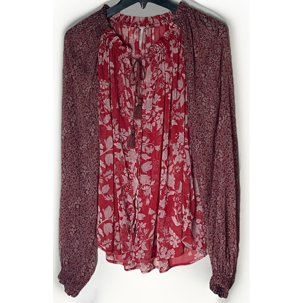 Free People Hendrix Boho Floral Peasant Blouse Sheer Tassel Button‎ Front S/P
